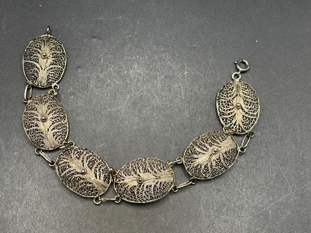Vtg Topazig Portuga Art Nouveau Filigree Link Sterling Silver 925 Bracelet 7.5"